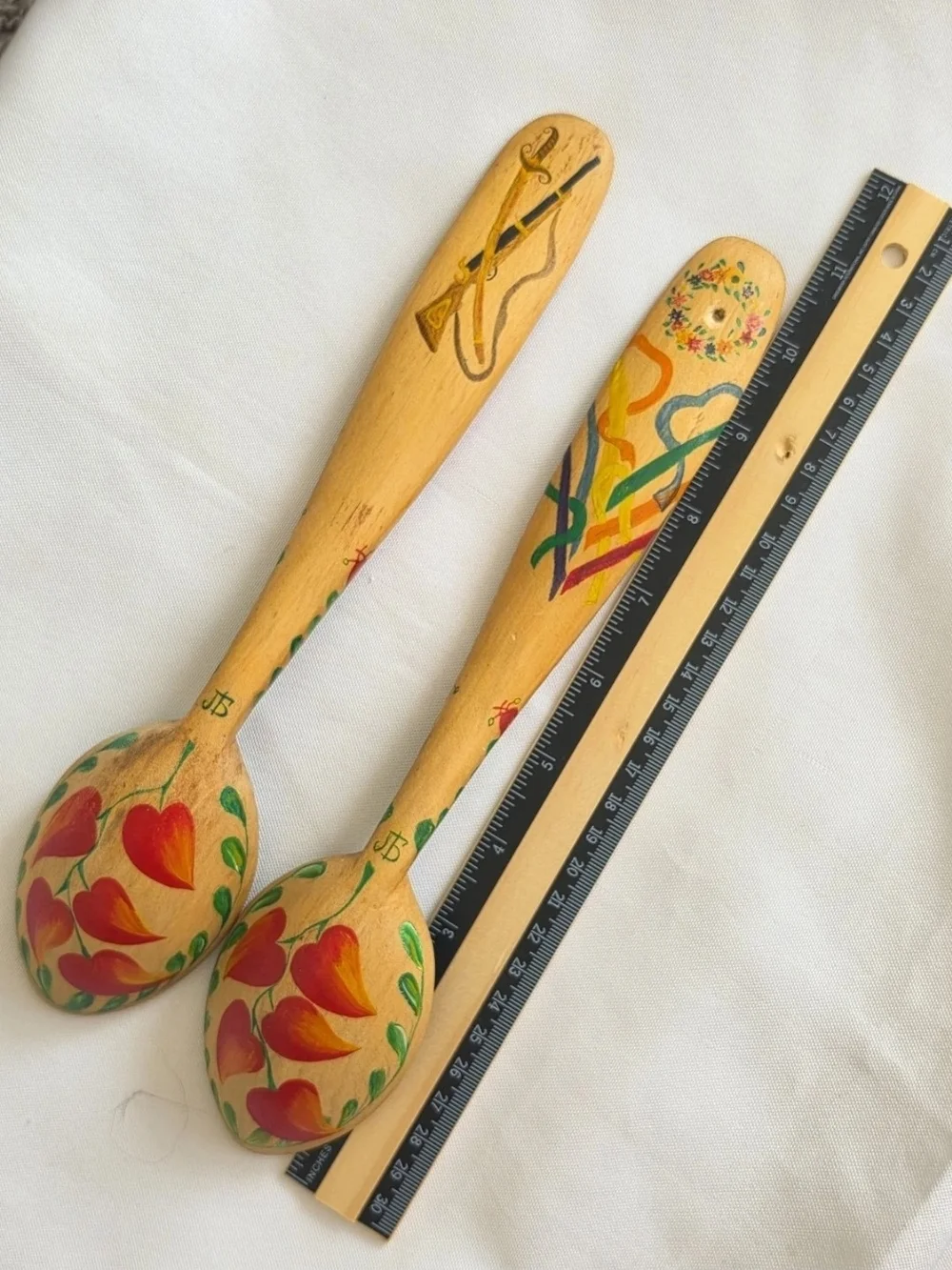 Ukrainian Folk Art Signed Pair Of Hand Painted Wooden Spoons Couple Wall Decor